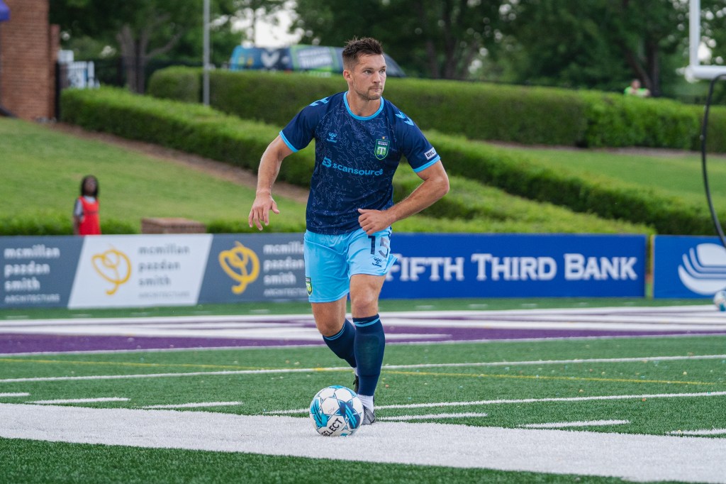 Brandon Fricke prepared for a clearance in Saturday's 2-0 home loss.