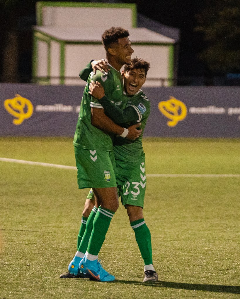 Cox-Ashwood celebrates with Gavilanes after his equalizer against FC Tucson.